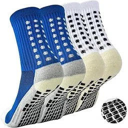 nhcdfa 2 Pairs Football Socks, Grip Socks Football, Rubber Anti Slip and Thicken Football Socks for Men, for Badminton Soccer Running Gym Indoor Training (IN, Alpha, Free Size, 1, 2pairs（Blue + White）)-picture-25