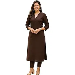 n.h.k.a. Women’s Deep Espresso Brown Cotton Kurta Set | Straight Kurti with 3/4 Sleeve & Matching Solid Pants | Comfortable & Lightweight | Office & College Outfit for All-Day Comfort-picture-23