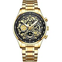 NIBOSI Casual Hollow-Out Mechanical Design Men's Stainless Steel Watch Multi Functional Chronograph Quartz Watch for Mens (Black/Gold)-picture-28