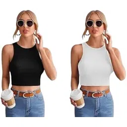 Nice Wonder,Women's Sleeveless Crop Tank Top, White, High Neck, Athletic Fit-picture-47