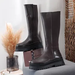 nico nerini Women's Knee-High Brown Leather Platform Boots with Chunky Lug Sole Boots For Women-picture-20