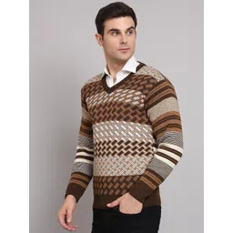 nico wesley Men Striped V Neck Brown Sweater-picture-13