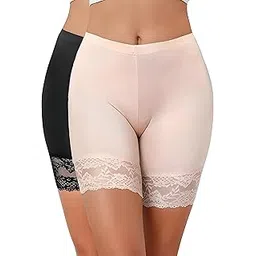 nicsy Slip Shorts Under Dresses for Women's Girls Seamless Sports Underskirts Mid Thigh Boyshorts Lace Cycling, Yoga, Swim Shorts Safety Regular Shorts. Pack of 2 (Skin/Black_ 2XL)-picture-37