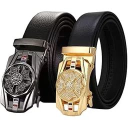 Niddleman Men's Leather Belt with Gold Crystal Buckle, Black, Automatic Ratchet, Adjustable Dress Belt for Business, Formal and Casual Wear-picture-12