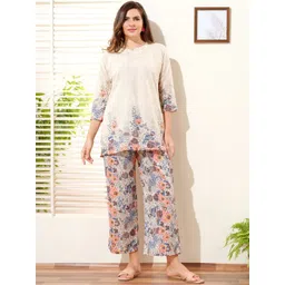 NIGHT FLOSS Women Floral Printed Knee Length Regular Linen Straight Kurta with Trousers-picture-20