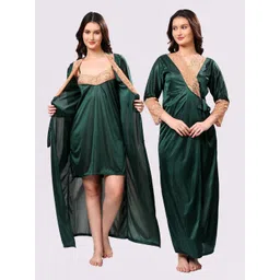 NIGHT KEYS Green Satin Maxi Solid Nightdress-picture-17