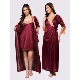 NIGHT KEYS Maroon Satin Maxi Solid Nightdress-picture-26