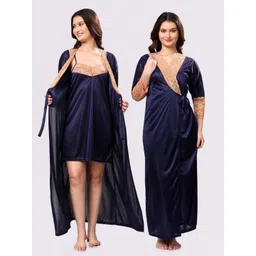NIGHT KEYS Navy Blue Satin Maxi Solid Nightdress-picture-30