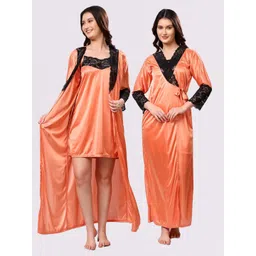 NIGHT KEYS Orange Satin Maxi Solid Nightdress-picture-27