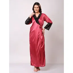 NIGHT KEYS Purple Satin Maxi Solid Nightdress image 4