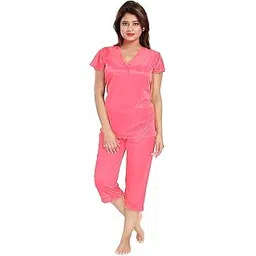 nightdoll Women's Soft Satin Top & Capri Night Suit Set-picture-30