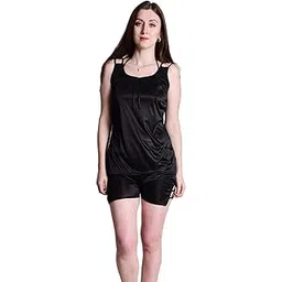 Soft & Smooth Satin Blend Solid Nightwear Night Suit Night Shirt Sleeveless Top & Shorts Set for Women (Medium, Black)-image-21