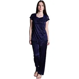 Women's Satin Plain/Solid Night Suit/Top and Pajama Set (Navy Blue_Large)-image-1