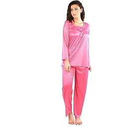 Women's Satin Solid Night Suit Set (ND072C Free_Coral Pink_Free)-image-3