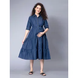NIGHTSPREE Blue Denim Maternity Shirt Midi Dress-picture-33