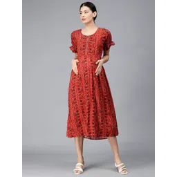 NIGHTSPREE Ethnic Motifs Printed Round Neck Maternity A-Line Midi Dress-picture-38