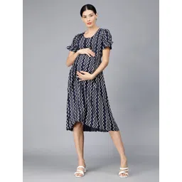 NIGHTSPREE Geometric Print Puff Sleeve Maternity Fit & Flare  Dress-picture-26