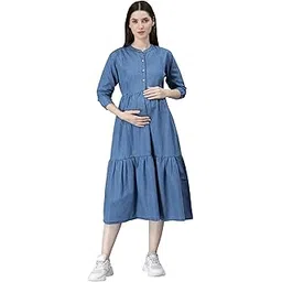 nightspree Women's Cotton Denim Calf Length Casual Dress Mandarin Collared Maternity Dress Feeding Kurti With Zipper (1461-Baby Blue_3XL)-picture-45