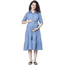nightspree Women's Cotton Denim Collared Maternity Dress Feeding Kurti with Zipper (Denim-Collared-3/4-P)-picture-17