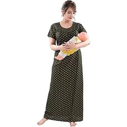 nightspree Women's P.V Cotton Round Neck Short Sleeves Long Maternity Feeding Maxi Night Gown Nighty Dress, Super Soft Comfortable with Zipper (MAT-Nighty-P1)-picture-36