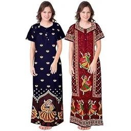 Nighty for Women Cotton Printed Maxi Gown Ankle Length Nighty Night Dress Gown for Women Maxi - Free Size (Pack of 2) Multicolor-picture-28