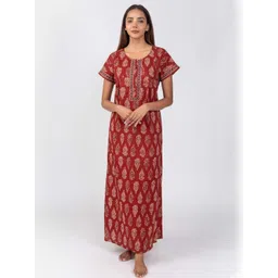 Nihsamah Women Rust Printed Pure Cotton Button-Up Maxi Nightdress-picture-33
