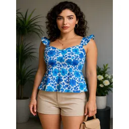 NiloBerry Floral Print Sweetheart Neck Ruffles Peplum Top-picture-10