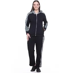 ninen Women's Hooded Track Suit Co-ord Set with Leopard Print Panels, Black and Mint, Full Zip Closure, Cotton Fleece Winter Wear Nightsuit full Zipper|-picture-19