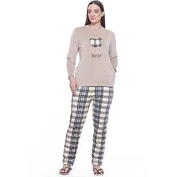 ninen Women's Winter Plush Bear Night Suit Pajama Set, Beige Long Sleeve Top with Plaid Pants, Comfortable Loungewear | Women Winter Nightsuit Sets-picture-38