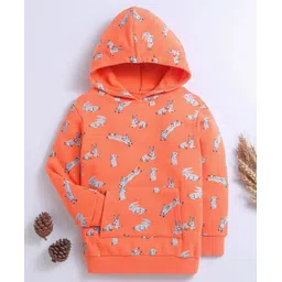 Nino Bambino Organic Cotton Knit Full Sleeves Bunny Printed Light Winter Hoodie - Orange-picture-21
