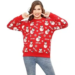ninos dreams Full Sleeves Christmas Women Sweatshirt with All Over Snowman Print- Fleece Fabric (Medium) Red-picture-32
