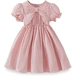 Niren Enterprise Girls Peach Pearl-Embellished Bolero Puff Sleeve Dress | Adorable Party & Summer Outfit-picture-23
