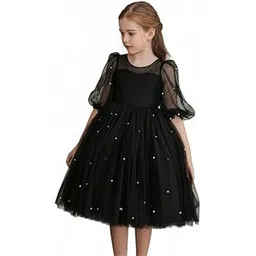Niren Enterprise Girls Pearl Flutter Sleeve Gown Solid Tulle Party Dress Black-picture-15