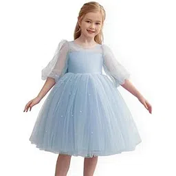 Niren Enterprise Girls Pearl Flutter Sleeve Gown Solid Tulle Party Dress Blue-picture-14