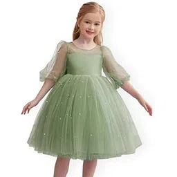 Niren Enterprise Girls Pearl Flutter Sleeve Gown Solid Tulle Party Dress Green-picture-16