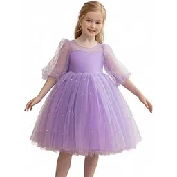 Niren Enterprise Girls Pearl Flutter Sleeve Gown Solid Tulle Party Dress Purple-picture-13