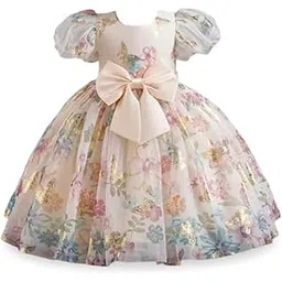 niren enterprise Baby Girls Fit And Flare Knee Length Gold Foil Butterfly Puff Sleeve Bowknot Princess Gown Dress for Special Occasions-picture-49