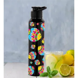 nirlon Black 1000ml Classic Flip UV Artsy Fish Printed Single Wall Stainless Steel Sipper Cap Water Bottle-picture-11