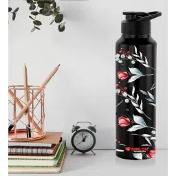nirlon Black Floral Rush 1000ml Classic Flip UV Printed Single Wall Stainless Steel Sipper Cap Water Bottle-picture-36