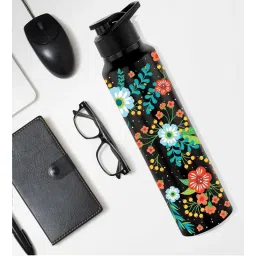 nirlon Black Morning Glory 1000ml Classic Flip UV Printed Single Wall Stainless Steel Sipper Cap Water Bottle-picture-21