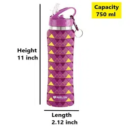 nirlon Purple Pyramid 750ml Flip Bot Stainless Steel Rubber Finish Water Bottle with Straw Lid image 2