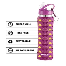 nirlon Purple Pyramid 750ml Flip Bot Stainless Steel Rubber Finish Water Bottle with Straw Lid image 3