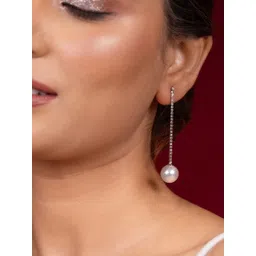 Niscka Silver-Plated Artificial Stones Studded Contemporary Shaped Drop Earrings-picture-14