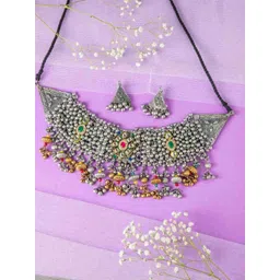 Niscka Sliver-Plated Kundan-Studded & Beaded Jewellery Set-picture-38