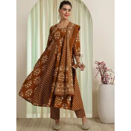 NISHABD Floral Printed Regular Pure Cotton Anarkali Kurta With Trouser With Dupatta-picture-23