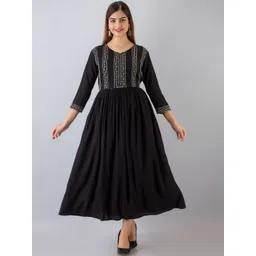 NISHABD Geometric Embroidered Gathered Detailed Fit & Flare Midi Ethnic Dress-picture-22