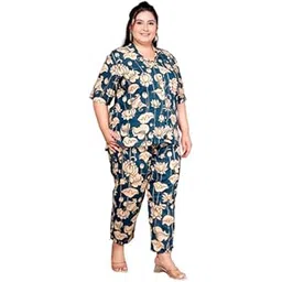 nishire Women's Plus Size Cotton Co-ord Printed Nightsuit Set, Short Sleeve Trendy Printed Loungewear Co-ord Set Shirt Style for Women-picture-40