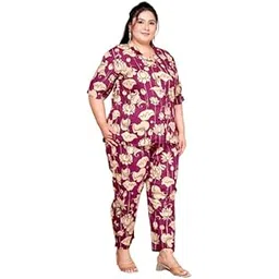nishire Women's Plus Size Cotton Co-ord Printed Nightsuit Set, Short Sleeve Trendy Printed Loungewear Co-ord Set Shirt Style for Women-picture-49