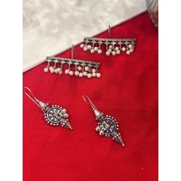 Niska Set Of 2 Silver-Plated Oxidised Artificial Beaded Circular Shaped Studs-picture-36