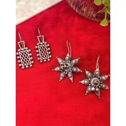 Niska Set Of 2 Silver-Plated Oxidised Ghungroo Beaded Rectangular Shaped Studs-picture-35